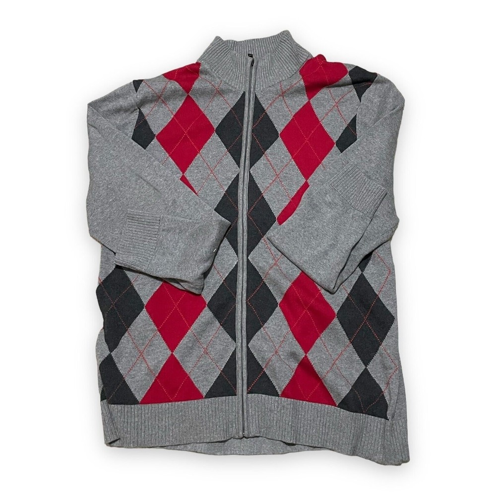 INC MEN S SWEATER FULL ZIP UP MULTICOLOR GREY, RED AND BLACK, SIZE XL, PRE-OWNED